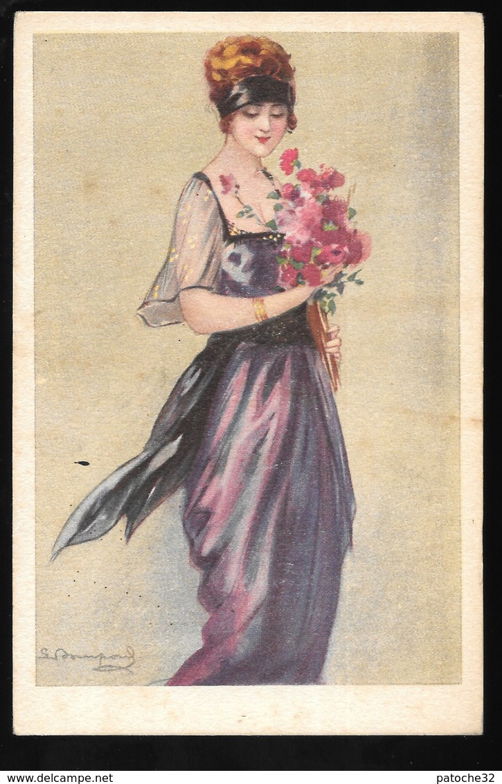Cpa...illustrateur Italien...Bompard .S...art Nouveau...femme élégante Avec Bouquet De Fleurs - Bompard, S.