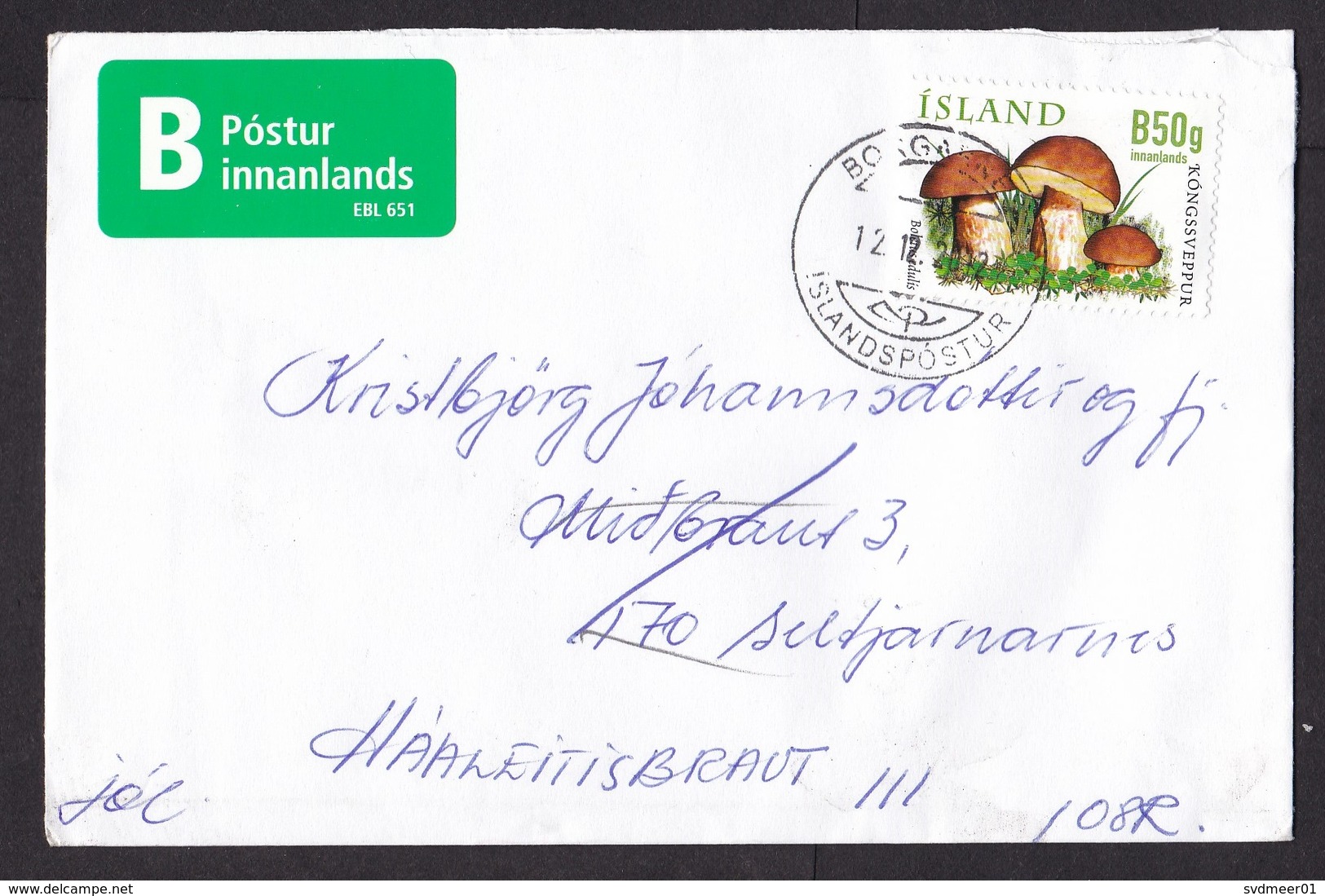 Iceland: Economy Cover, 2012, 1 Stamp, Mushroom, Fungus, Rare Label B Domestic Mail EBL 651 (minor Damage) - Covers & Documents