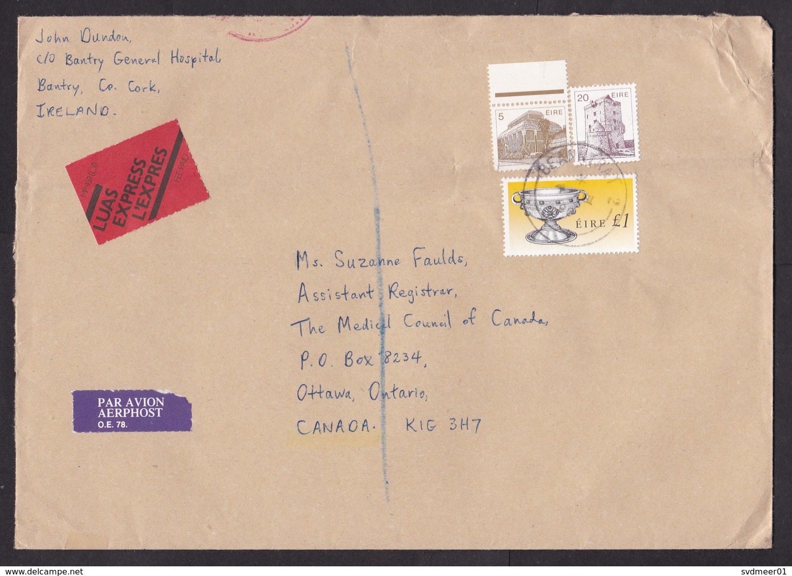 Ireland: Expresse Airmail Cover To Canada, 1990, 3 Stamps, Heritage, Rare Label Express Fee Paid (minor Damage) - Brieven En Documenten