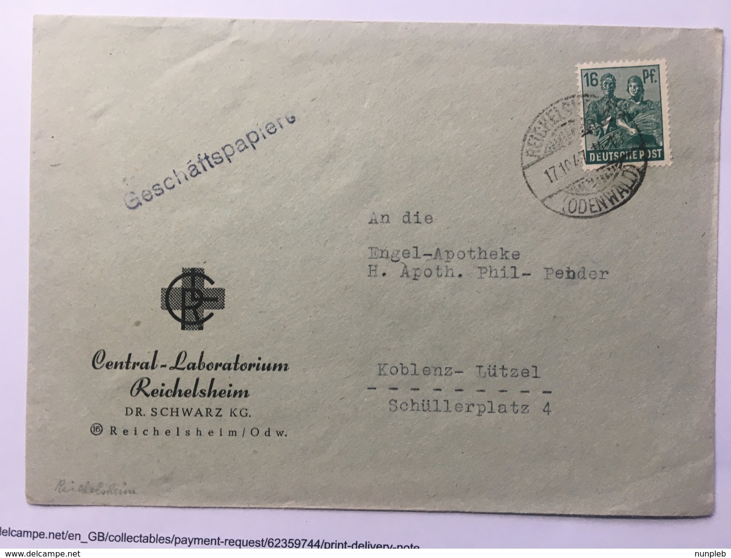 GERMANY 1947 Allied Cover Reichelsheim To Koblenz With `Geschaftspapiere` Cachet - Altri & Non Classificati