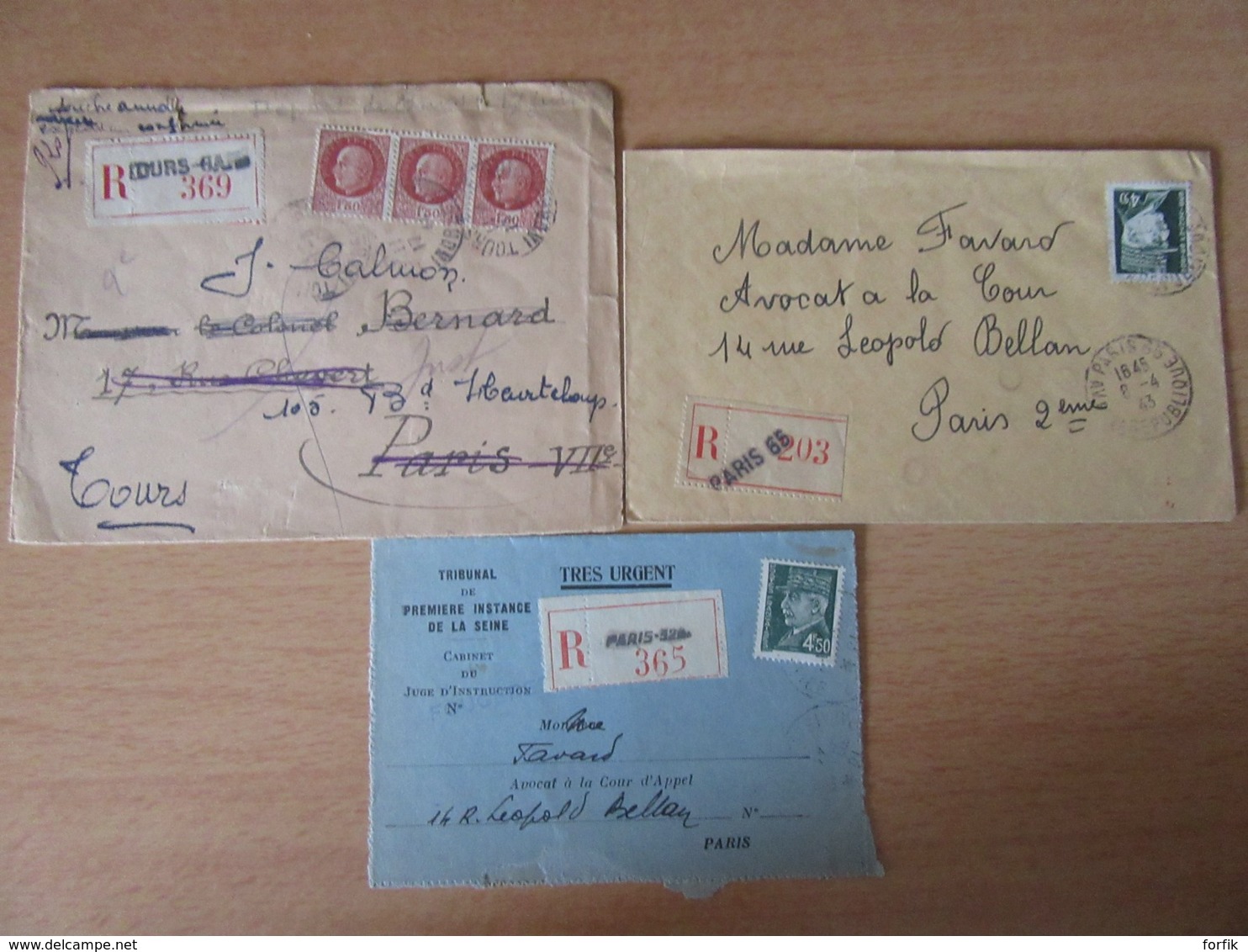 Guerre 39-45 - Lot de 15 Enveloppes recommandées circulées en 1940 et 1945 dont jugements