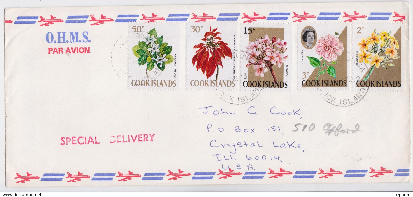 Lettre Îles Cook Islands Rarotonga Timbre Fleurs Flower Stamp Mail Cover To Crystal Lake Illinois 1973 - Sonstige & Ohne Zuordnung