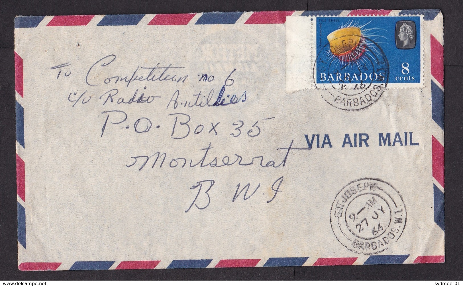 Barbados: Airmail Cover To Montserrat, 1966, 1 Stamp, Queen, File Shell, Sea Life, Cancel St Joseph (damaged) - Barbados (...-1966)