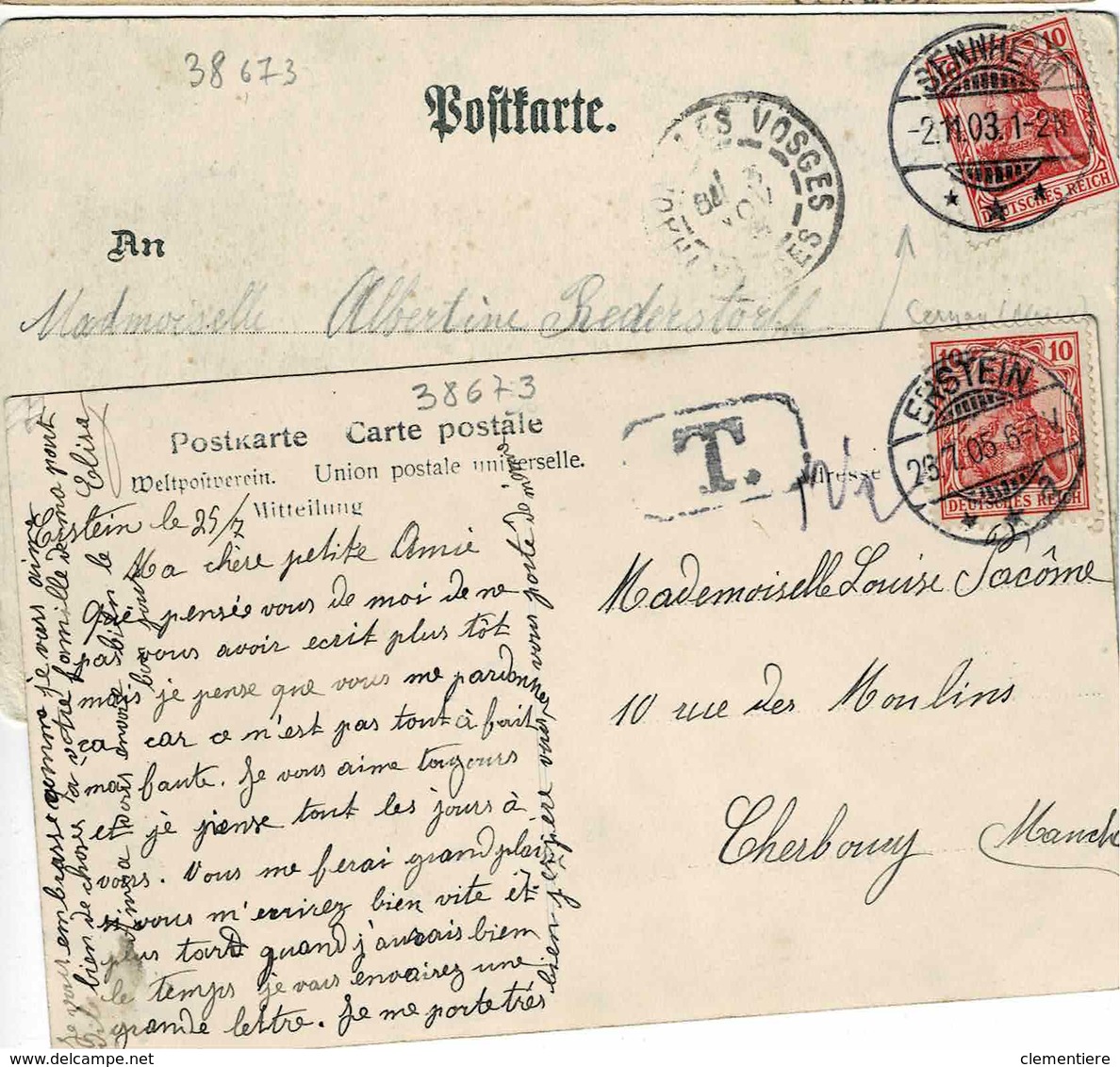 TP N° 69 Sur 2 Cartes Postales Postées En Alsace Dont Une Taxée - Sonstige & Ohne Zuordnung