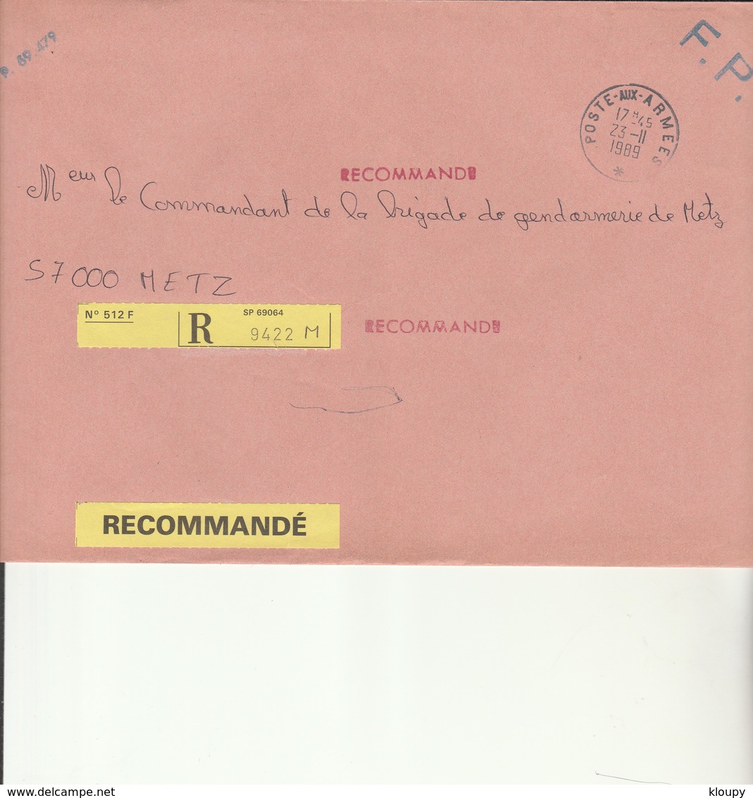 L 1 - Enveloppe  S.P.  69479 Recommandée Avec Cachet Poste Aux Armées - Militaire Stempels Vanaf 1900 (buiten De Oorlog)