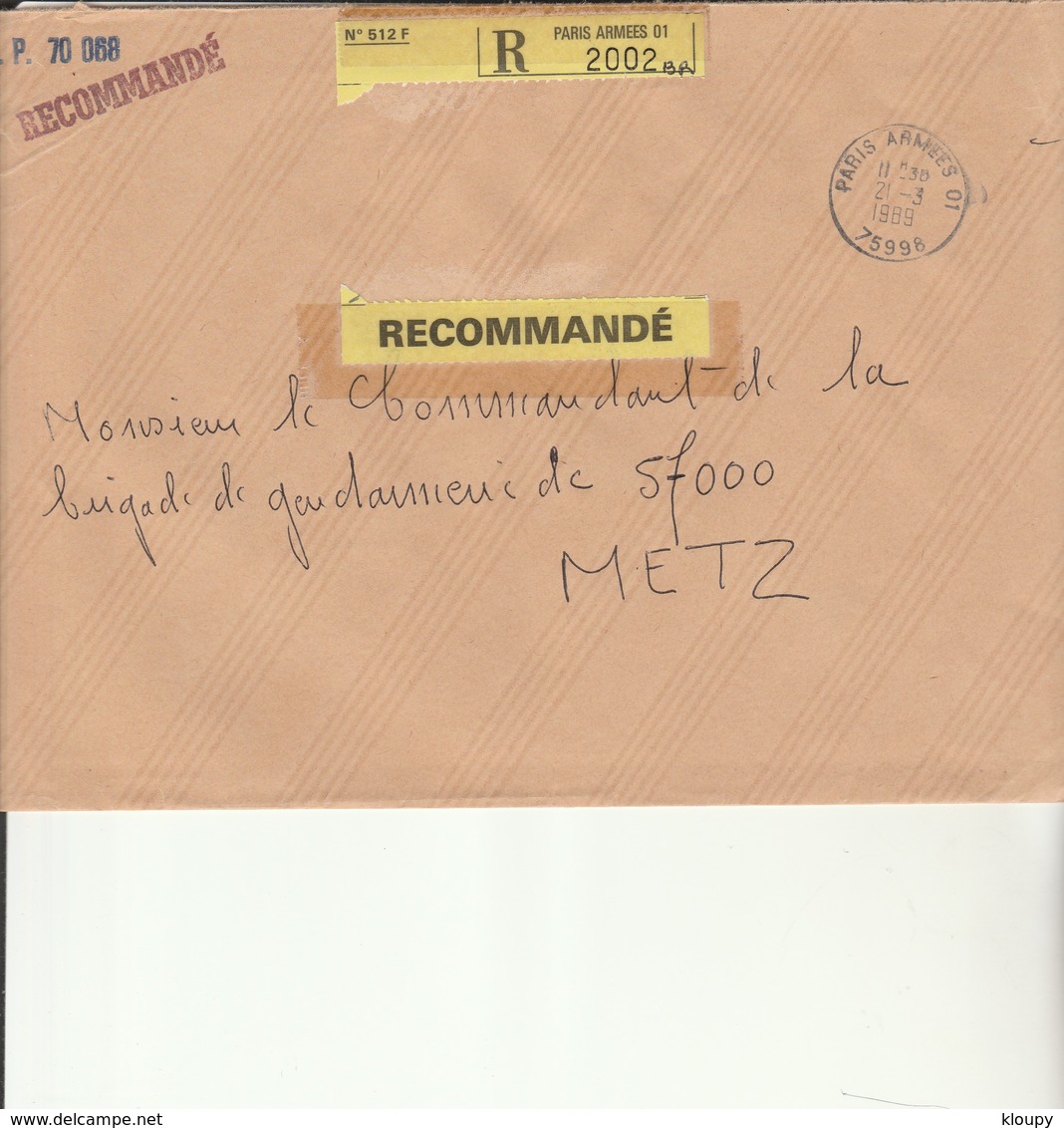 L 1 - Enveloppe  En Recommandée S.P.70068 - PARIS ARMEES 01 - Cachets Militaires A Partir De 1900 (hors Guerres)