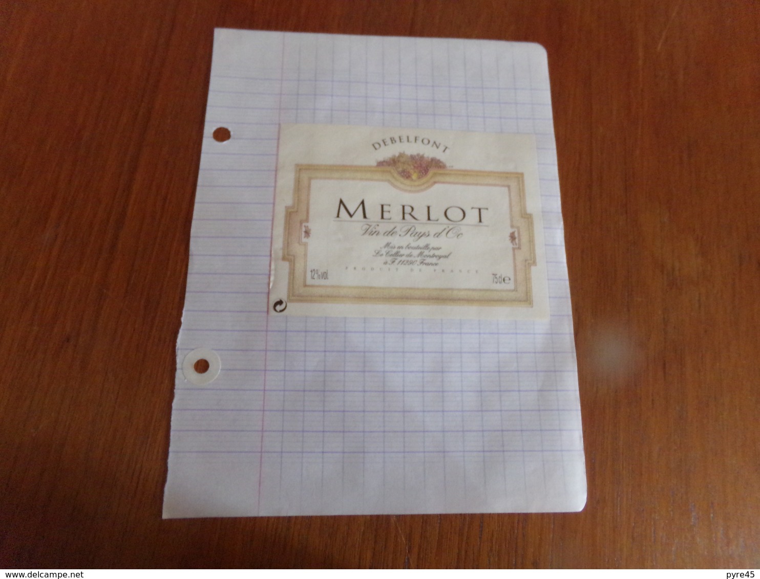 Etiquette De Vin   Collée Sur Papier " Merlot " - Vin De Pays D'Oc