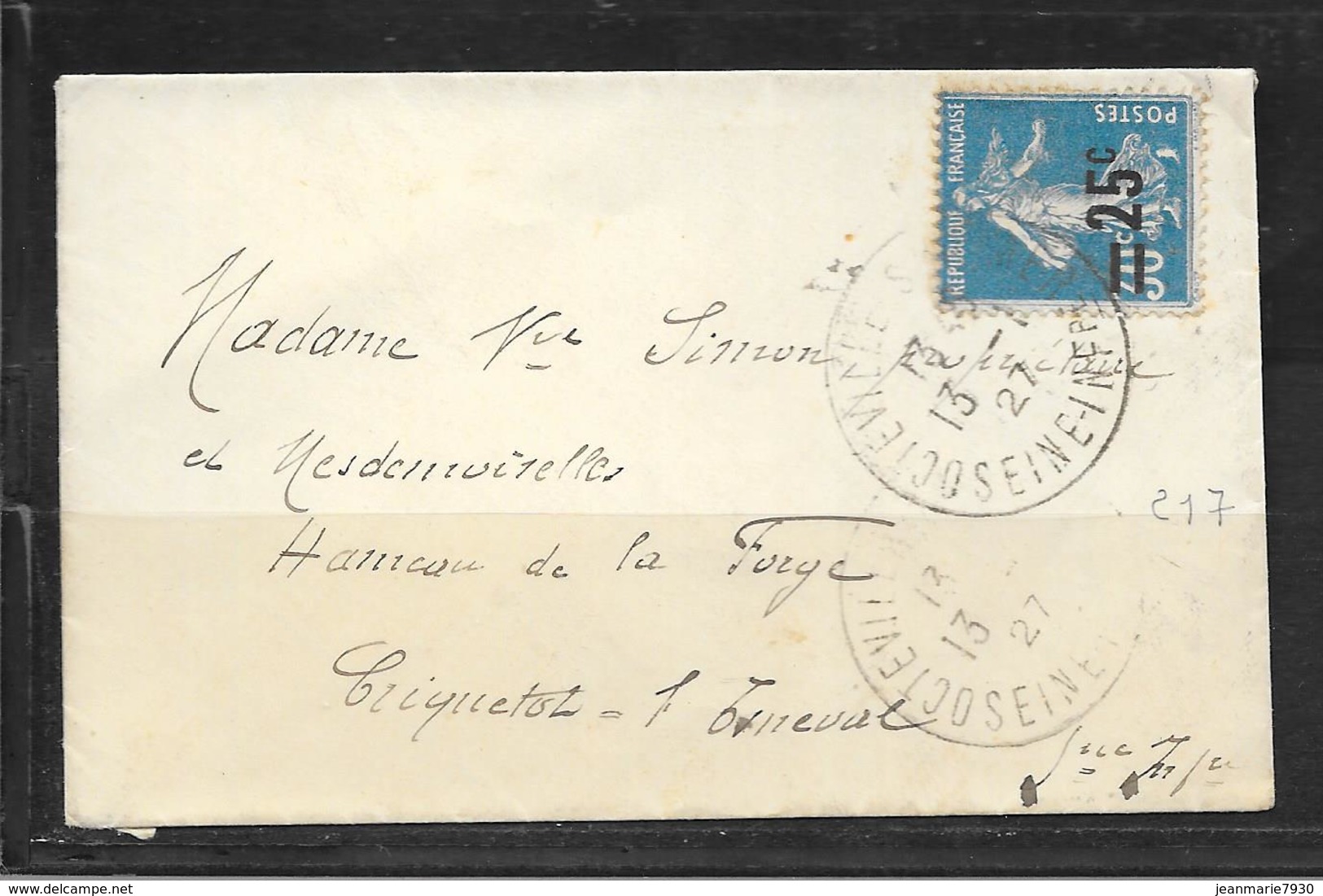 1901044 - N° 217 SUR LETTRE MIGNONETTE DE OCTEVILLE DU 13/07/27 - 1921-1960: Période Moderne