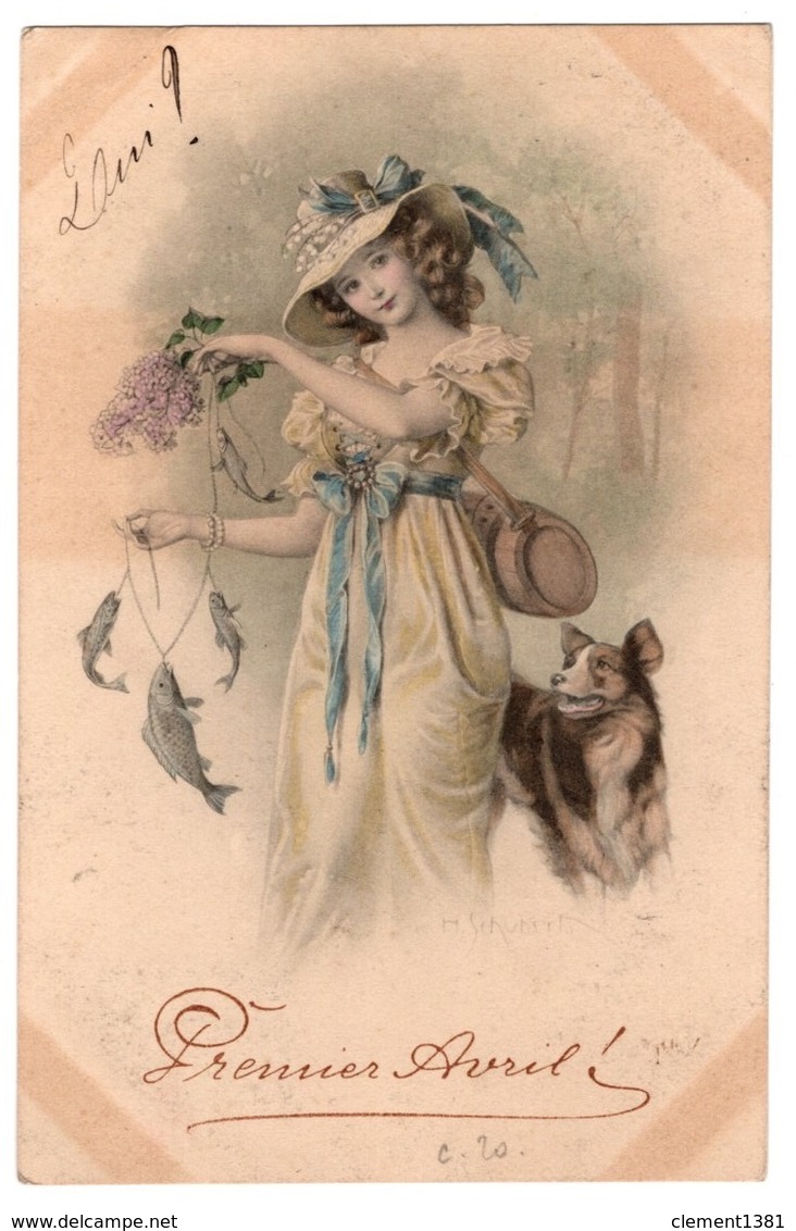 Fantaisie Cpa Illustration Schubert Jeune Femme Avec Un Chien Et Des Poissons Circulee En 1908 - Schubert