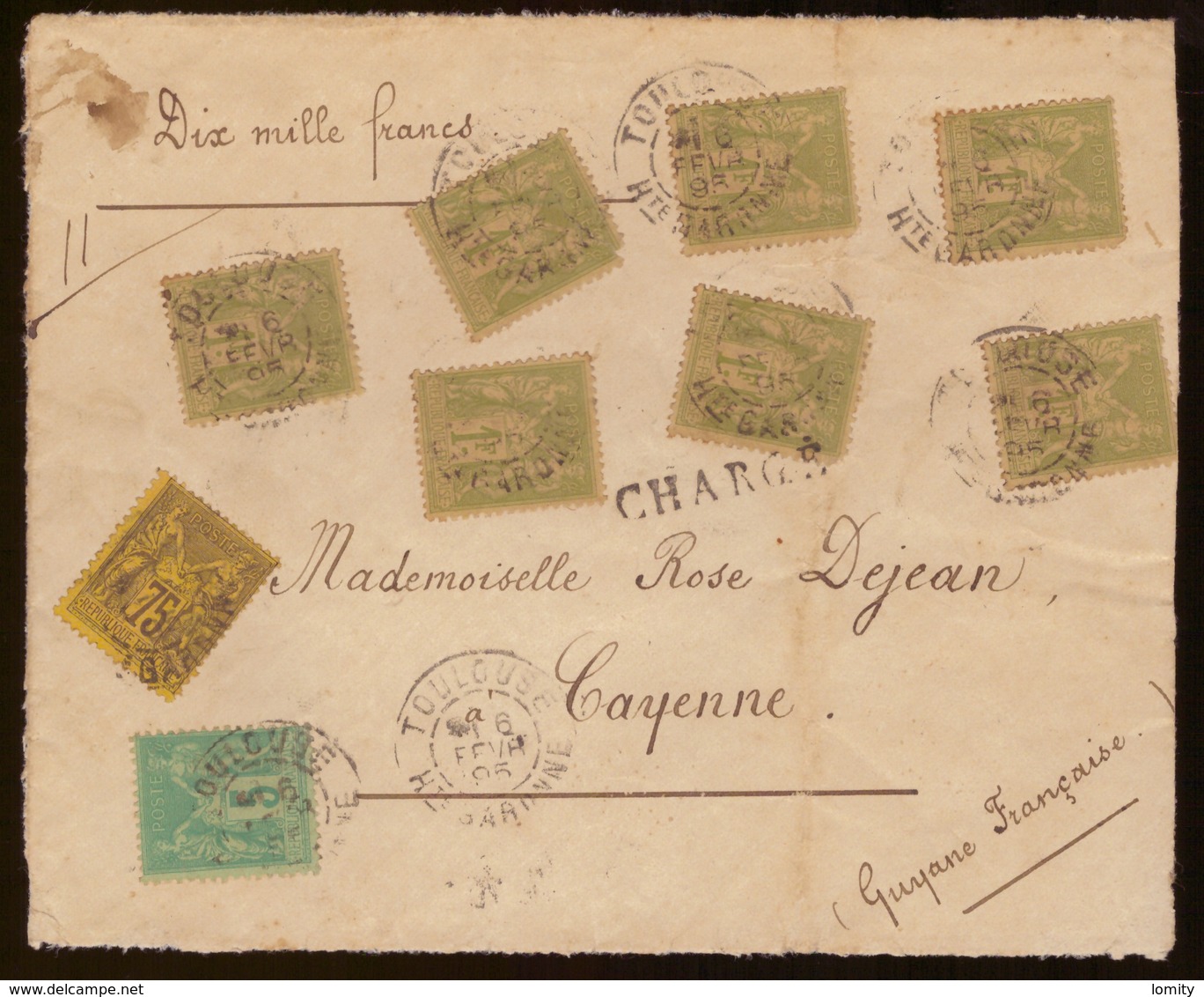 1895 Lettre Pour Cayenne Guyane Pli Chargé Devant De Lettre Avec Timbre N°99 N°82 En 7 Exemplaires N°75 Depart Toulouse - 1876-1898 Sage (Type II)