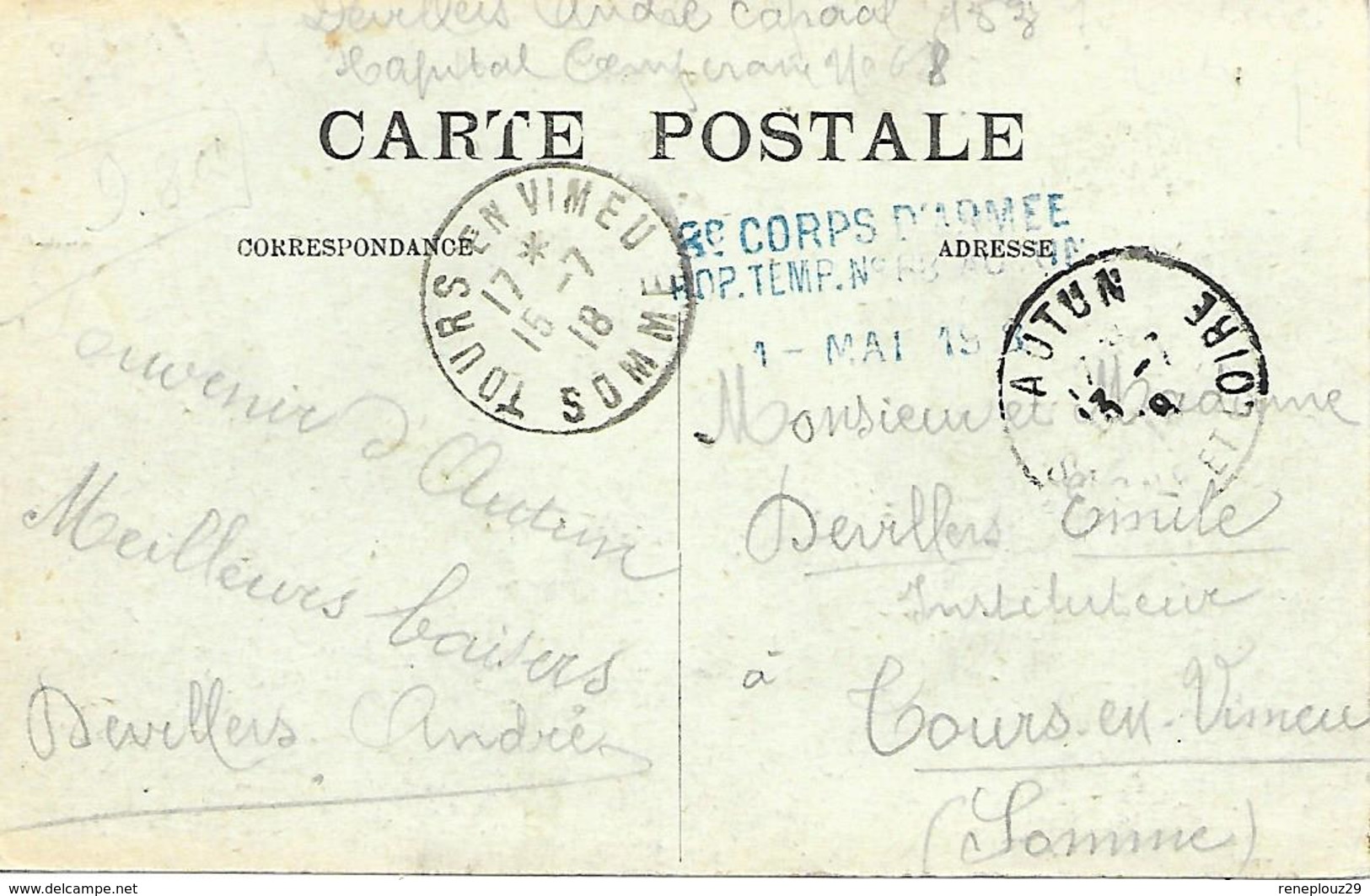 71-cachet Hôpital Temp. N°68 à Autun Sur CP De L'Hôpital En 1918 - 1. Weltkrieg 1914-1918