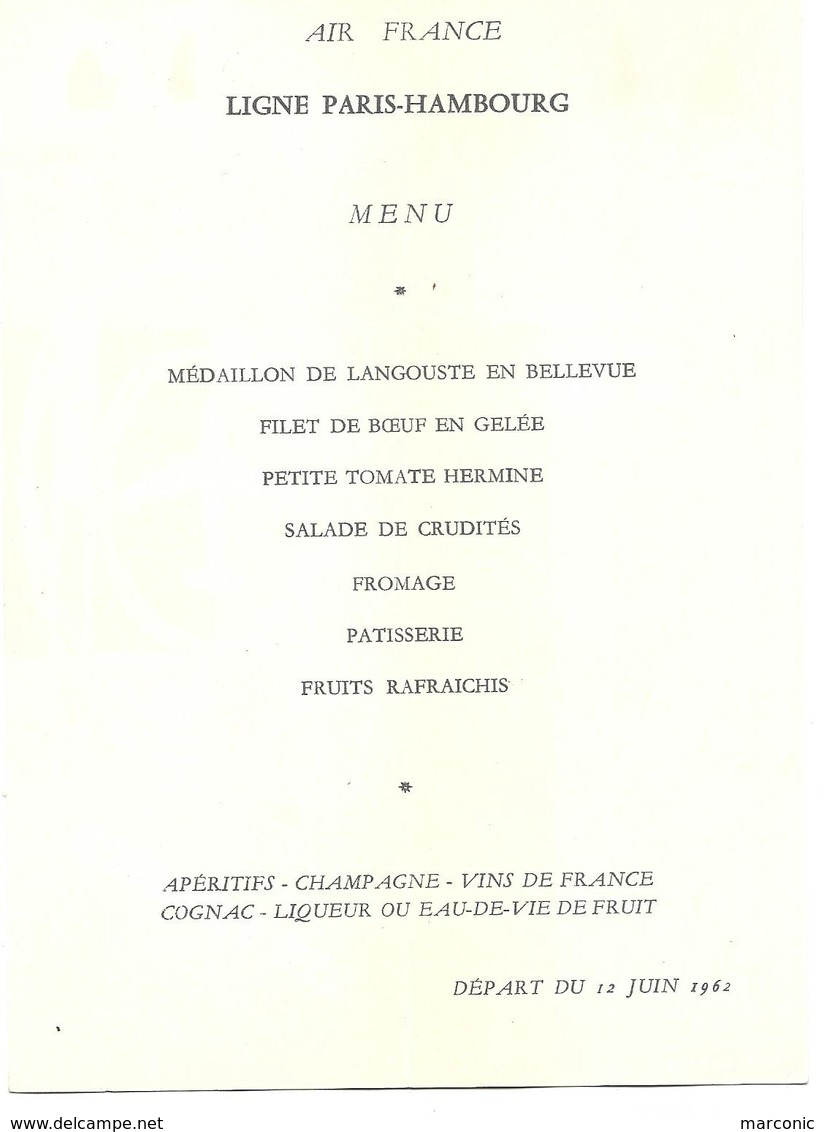 MENU AIR FRANCE - Ligne PARIS HAMBOURG 1962 - Menus