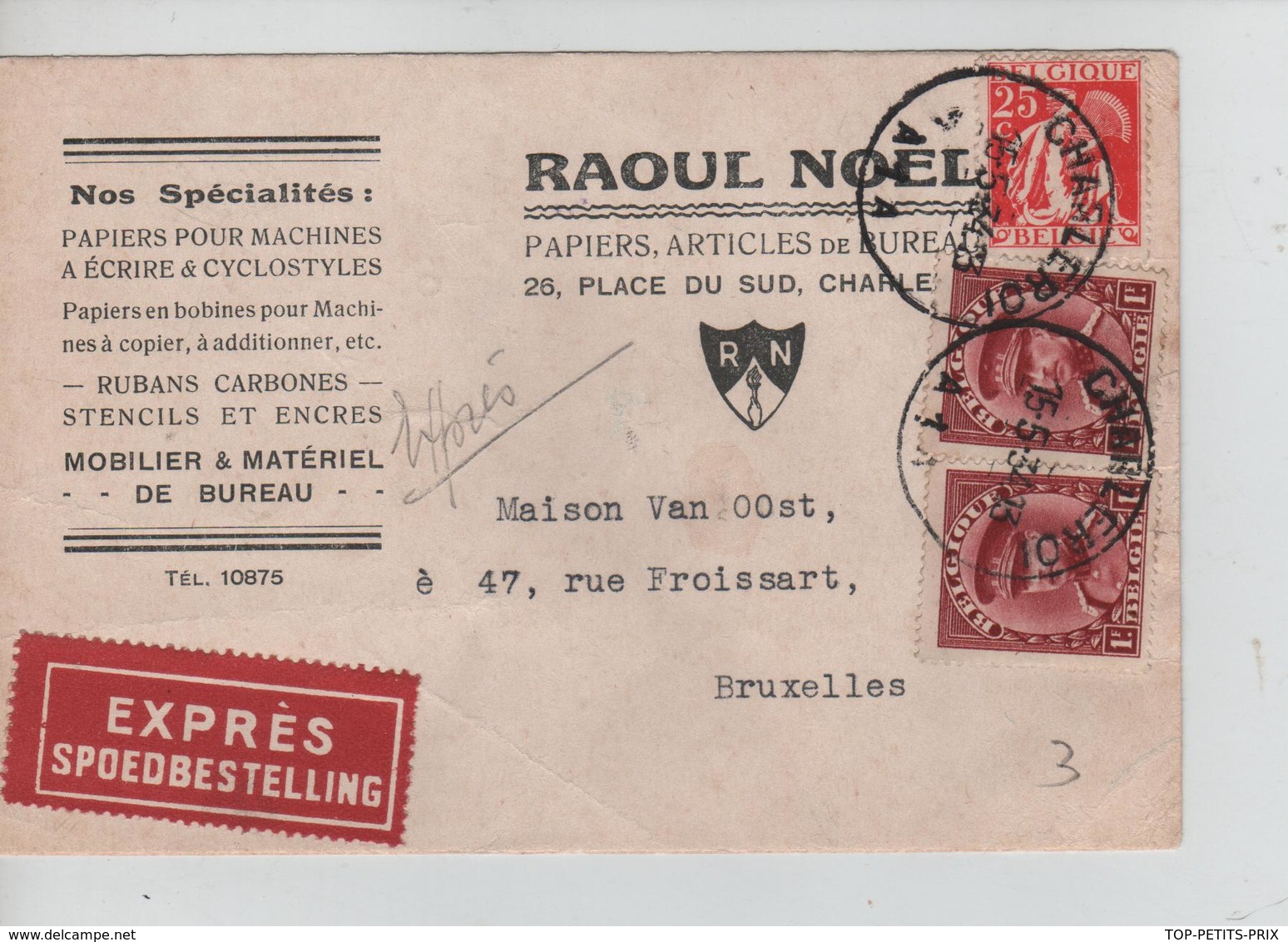 REF156/ TP 317(2) Albert Képi-339 S/CP Exprès Entête Raoul Noël Papiers C.Charleroi 15/5/34 > BXL - Briefe U. Dokumente