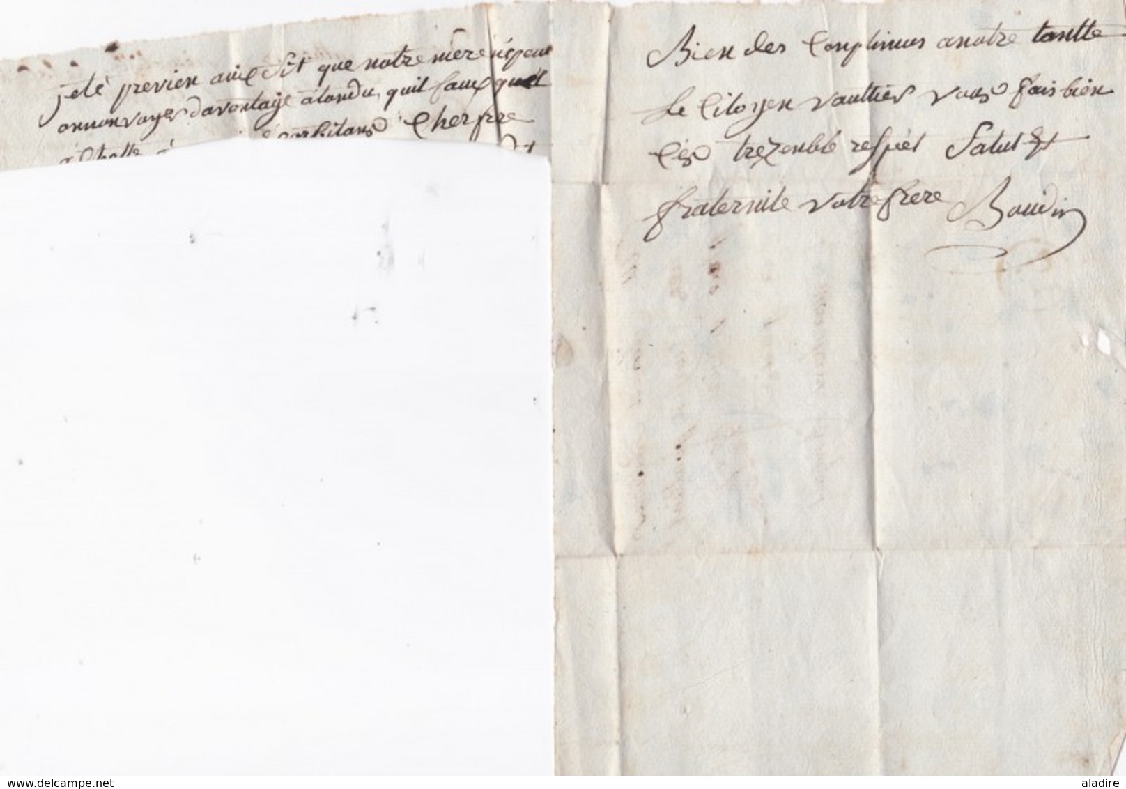 1795 - Marque Postale  en rouge 83 JOIGNY, Yonne  sur lettre avec correspondance vers Paris - cachet à date d'arrivée