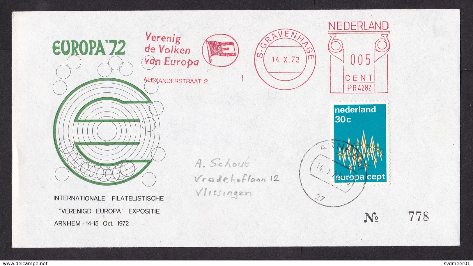 Netherlands: Cover, 1972, Meter Cancel, 1 Extra Stamp, United Europe, Flag, CEPT, EU (traces Of Use) - Covers & Documents