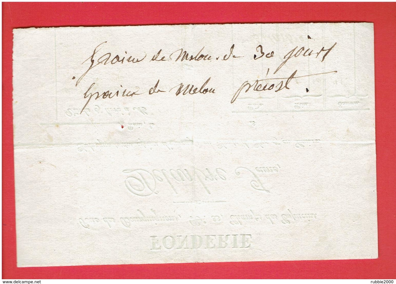 FACTURE ENTRE 1820 ET 1830 FONDERIE DELARBRE JEUNE RUE DES BOURGUIGNONS 33 CHAMPS DES CAPUCINES A PARIS FONTE FER CUIVRE - 1800 – 1899