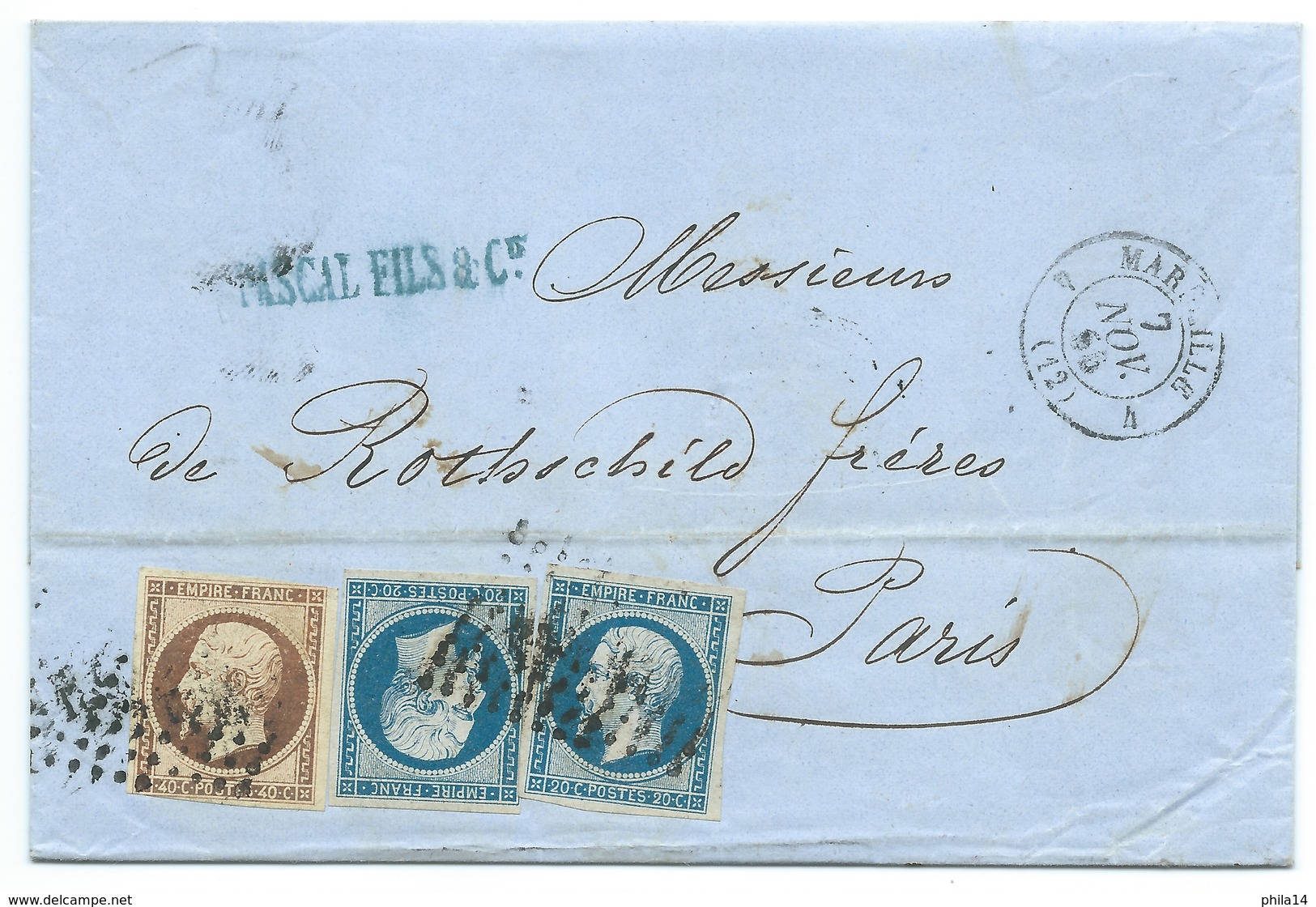 N°14 BLEU NAPOLEON SUR LETTRE / MARSEILLE POUR PARIS / 7 NOV 1855 / BANQUE ROTHSCHILD - 1849-1876: Période Classique