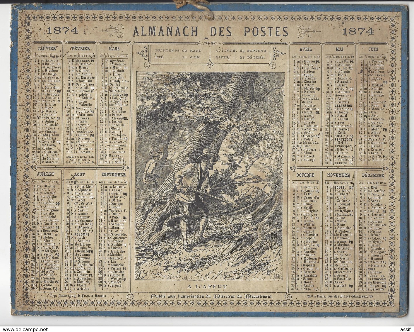 CALENDRIER ALMANACH DES POSTES 1874 CHASSE /FREE SHIPPING REGISTERED - Formato Grande : ...-1900