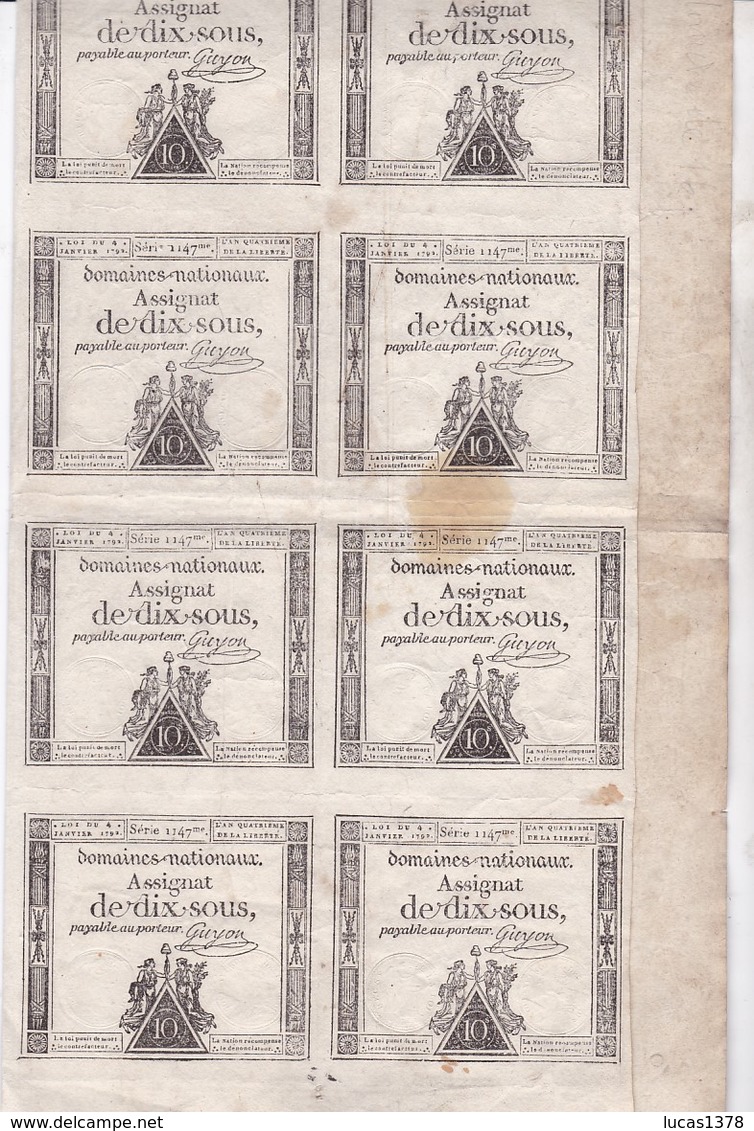 RARE ET BELLE PAGE DE 16 ASSIGNATS 10 SOUS SERIE 1147 / Manquent 4 - Assignats