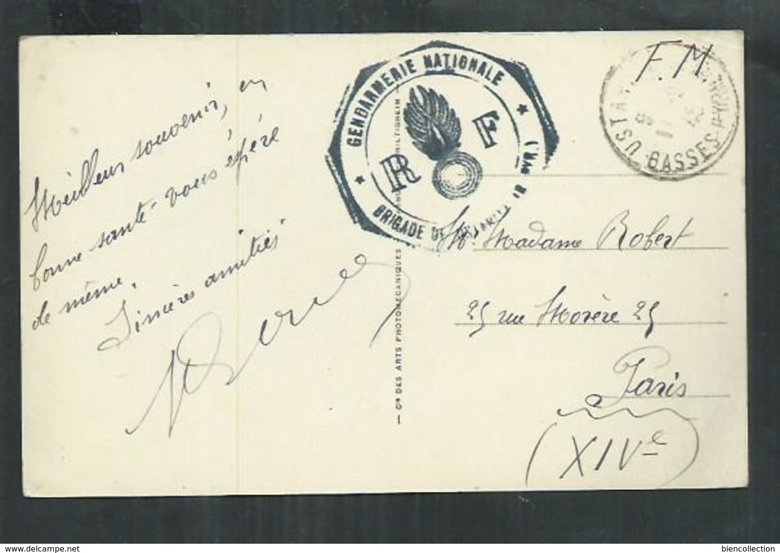 Carte Postale En Franchise Postale De La Gendarmerie Nationale 1945; Brigade De Ustaritz (Pyrénées Atlantiques) - Lettres & Documents