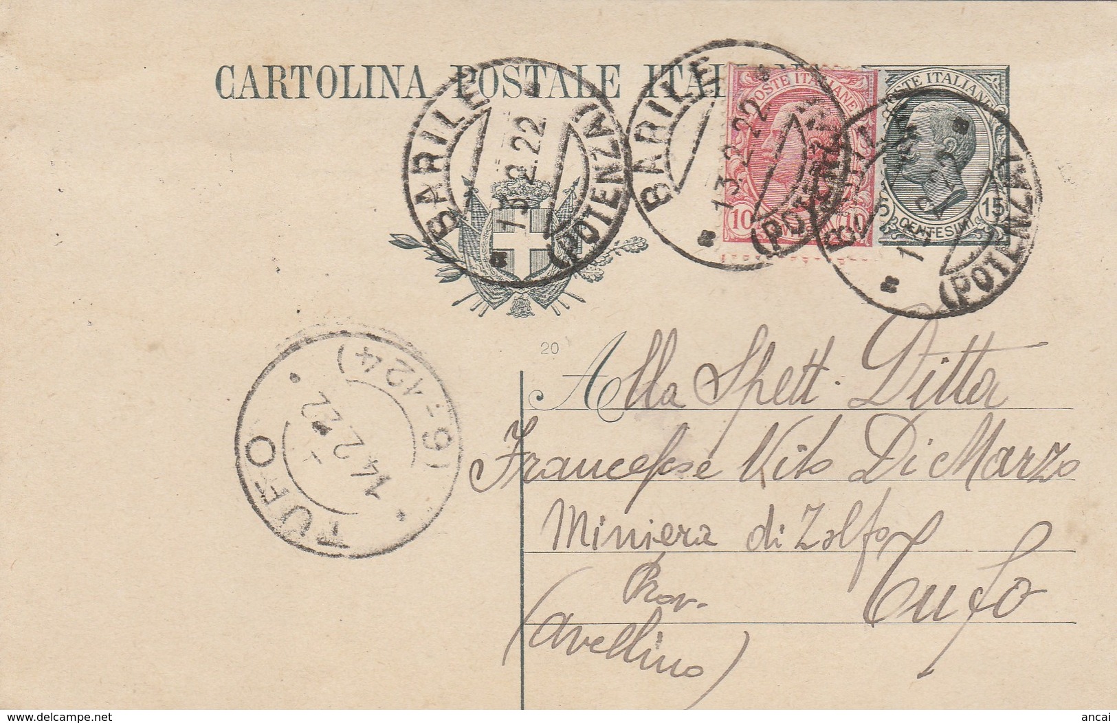 Barile. 1922. Annullo Guller BARILE (POTENZA), Su Cartolina Postale C. 15 Leoni, Integrata Con C.10. Nitido TUFO (6-124) - Marcophilia