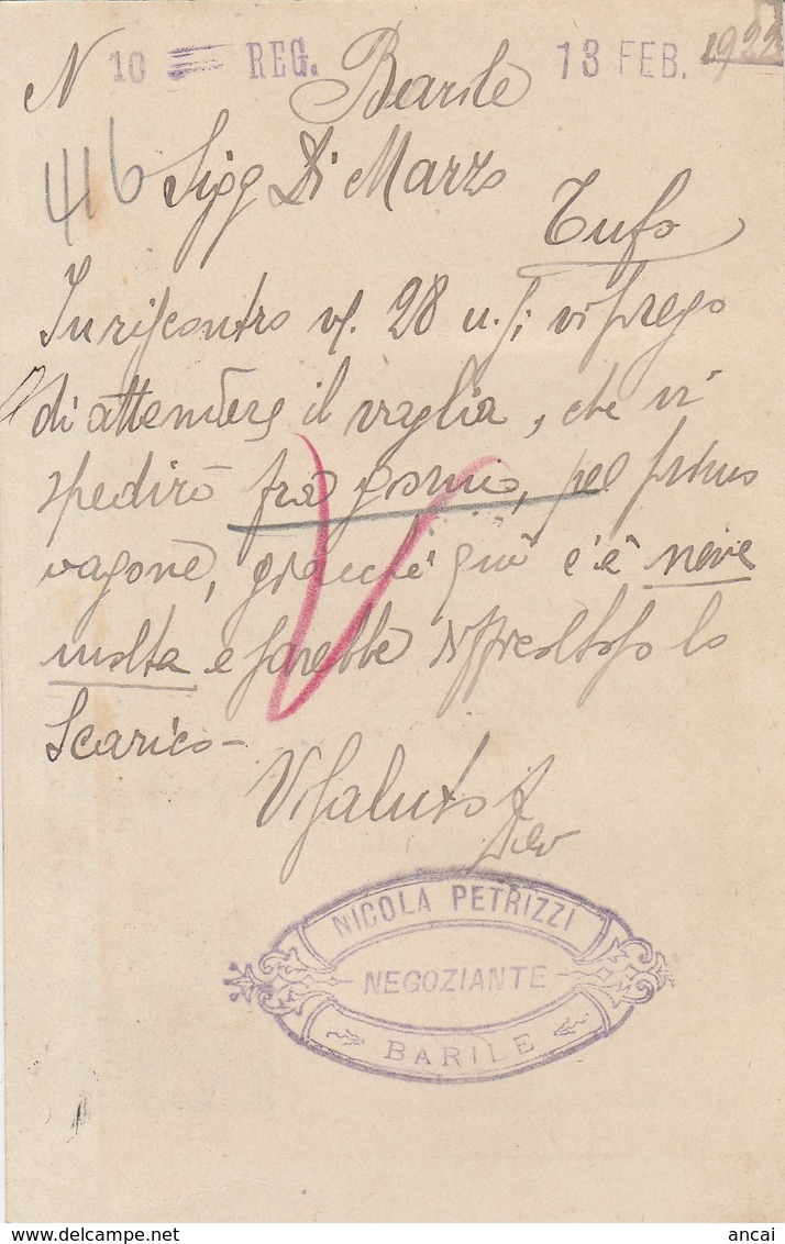 Barile. 1922. Annullo Guller BARILE (POTENZA), Su Cartolina Postale C. 15 Leoni, Integrata Con C.10. Nitido TUFO (6-124) - Marcophilia