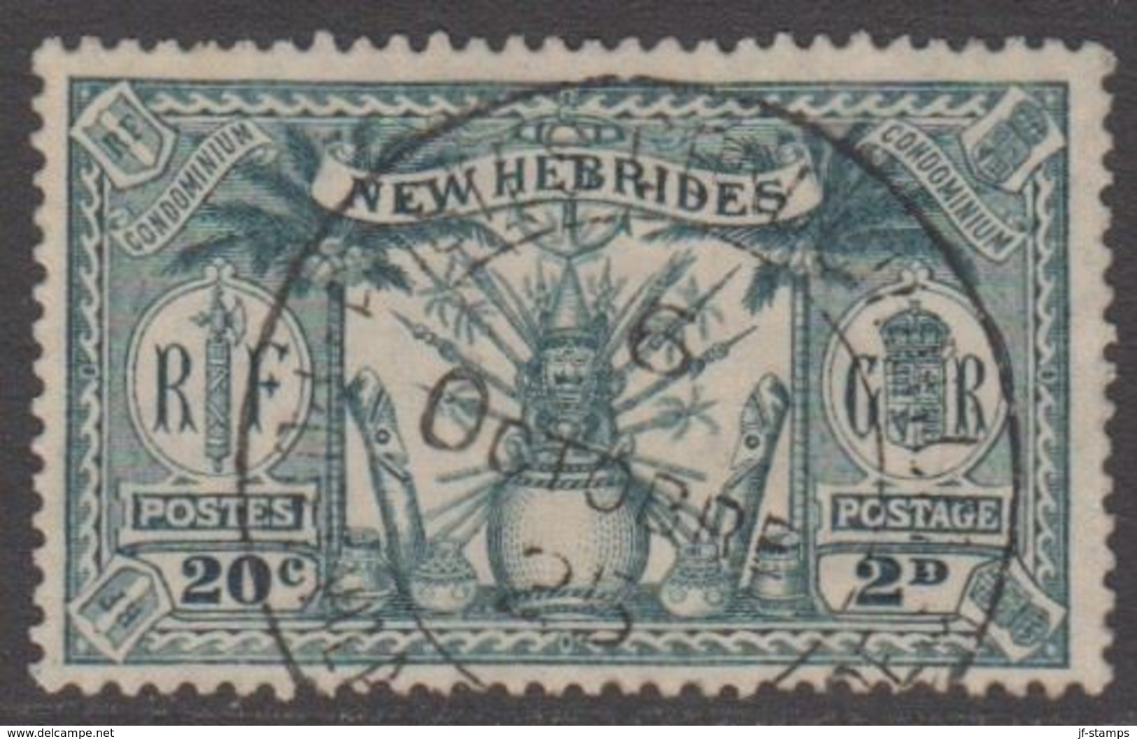 1925. NEW HEBRIDES.  British Issue.  2 D - 20 C 6 OCTOBRE 25 (Michel 79) - JF318341 - Usados