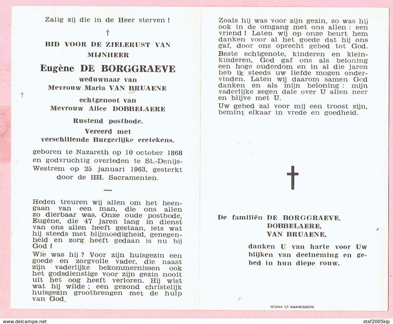 Bidprentje  -Eugène DE BORGGRAEVE Wed. Maria VAN BRUAENE Echtg.Alice DOBBELAERE- Nazareth 1868 - St.-Denijs-Westrem 1963 - Images Religieuses