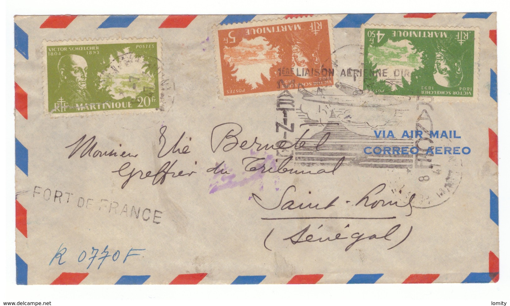 Martinique Lettre à Destination Du Sénégal Vignette + Cachet Première Liaison Aerienne Directe France 8 Juillet 1947 - Storia Postale