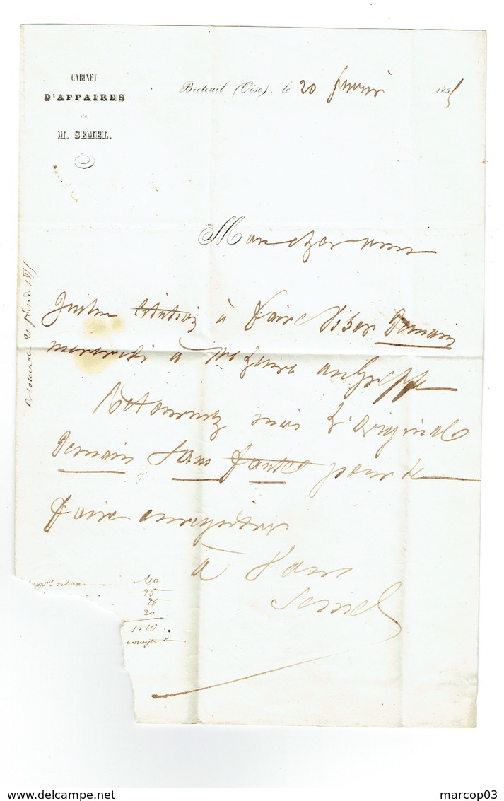 60 OISE BRETEUIL SUR NOYE LAC TAD 15 20/02/1855 PC Sur N° 14 Taxe 4 Manuscrite Mention Poids 8 G TTB - 1849-1876: Période Classique