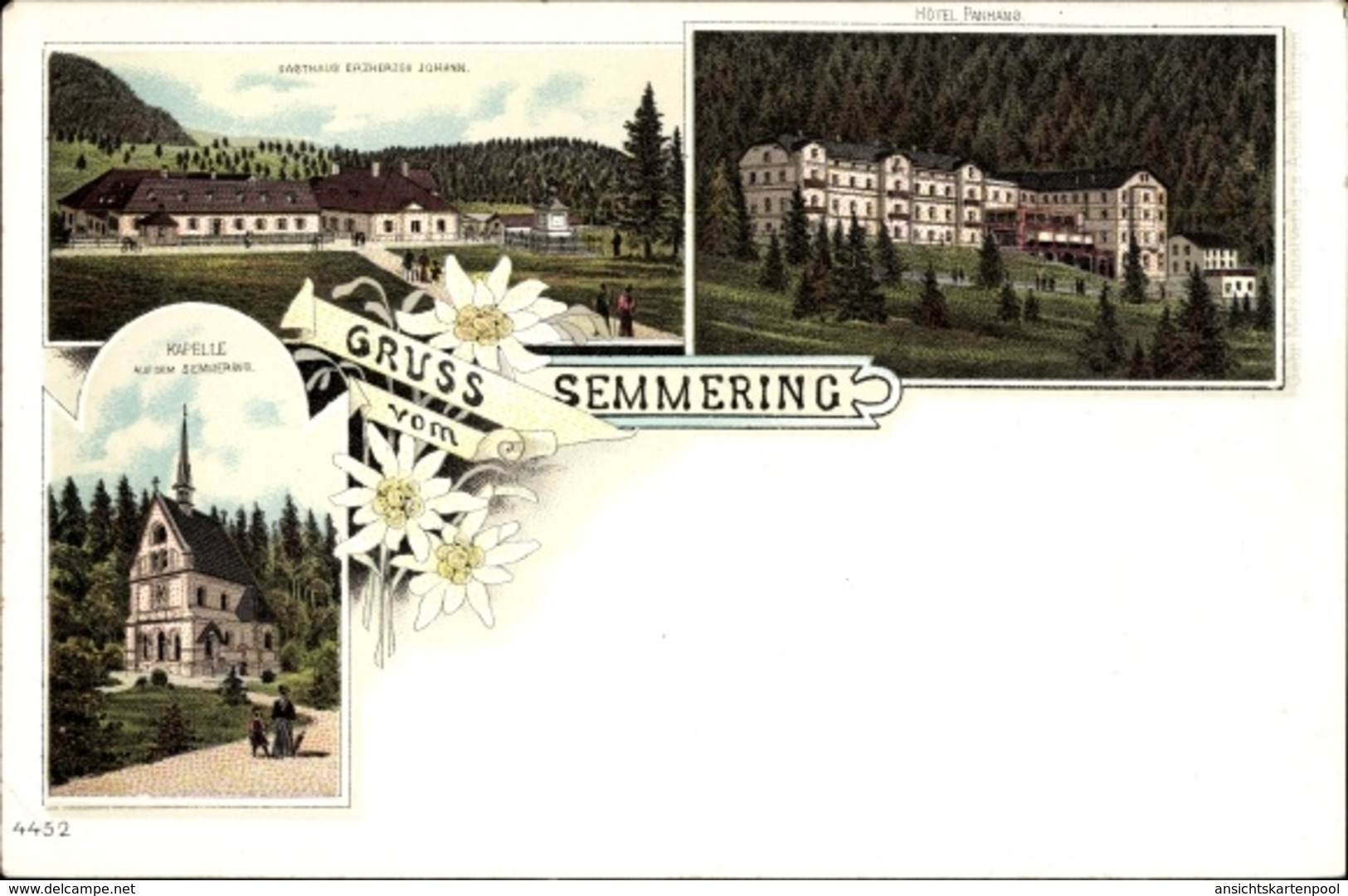 Lithographie Semmering In Niederösterreich, Gasthaus Erzherzog Johann, Kapelle, Hotel Panhans - Autres & Non Classés