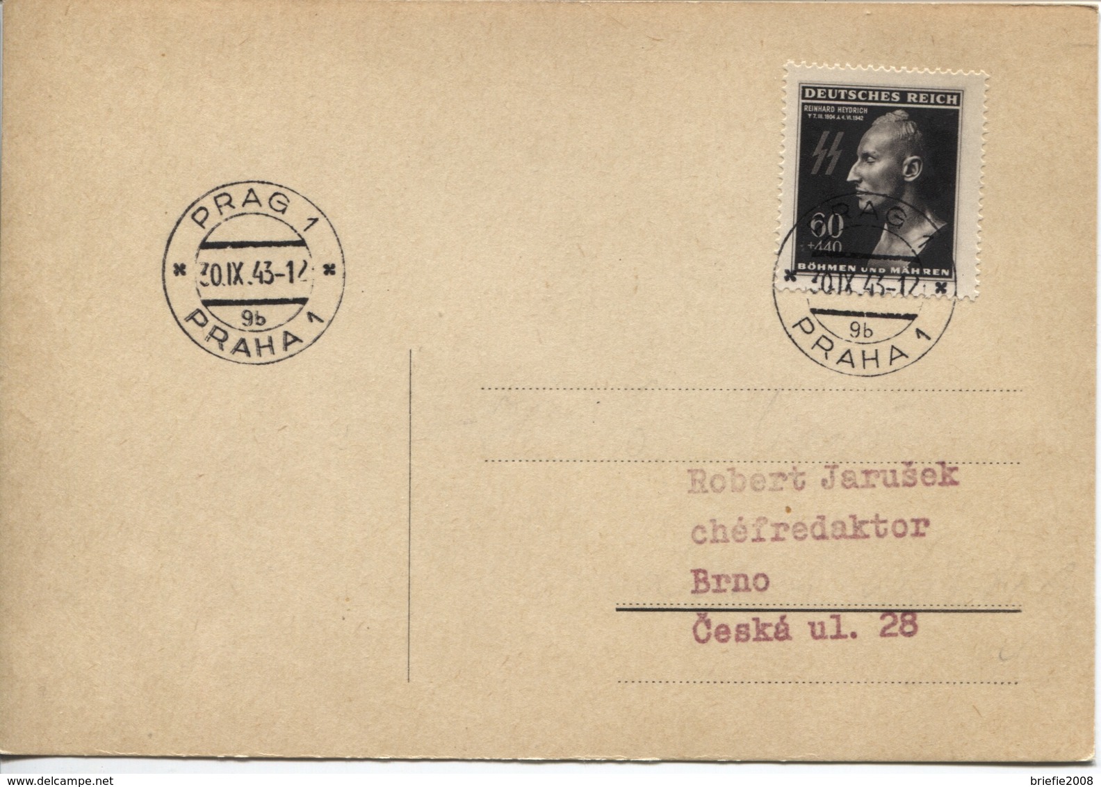 Böhmen Und Mähren # 131 Einzelfrankatur Postkarte Prag 30.9.43, Reinhard Heydrich - Brieven En Documenten