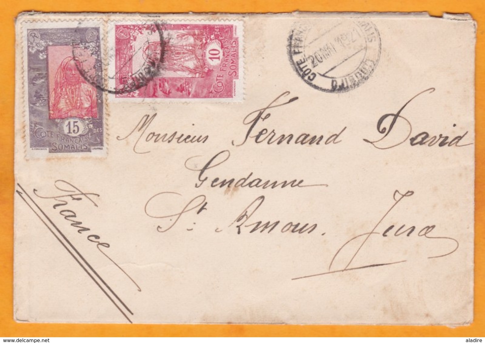 1921 - Enveloppe De Djibouti, Côte Française Des Somalis Vers Saint Amour, Jura, France  - Affranchissement 25 C - Lettres & Documents