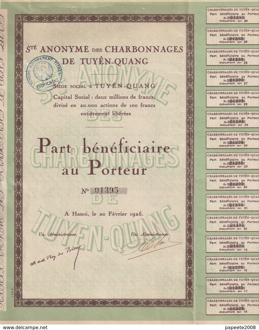 Indochine - Société A Des Charbonnages De Tuyen-Quang - Capital De 2 000 000 F / PB - Asia