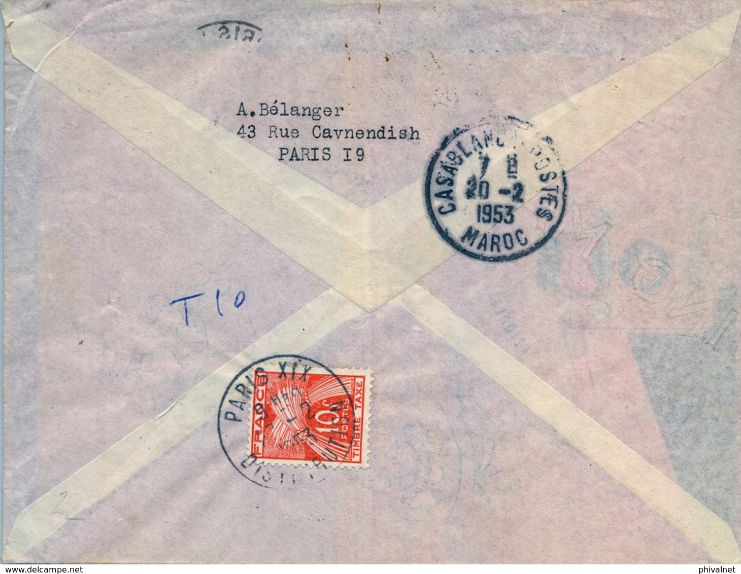 1953 , FRANCIA , 1º LIAISON AÉRIENNE PARIS - CASABLANCA  PAR AVION À RÉACTION , CORREO AÉREO , TASA TAX , TAXE - Lettres & Documents