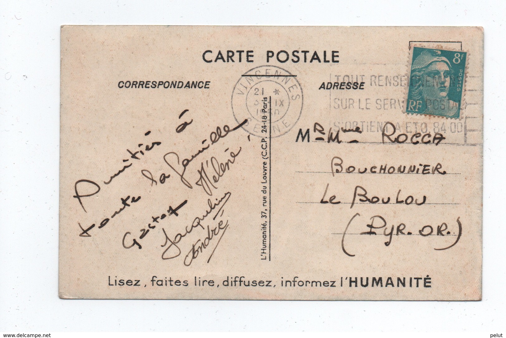 Carte Postale 1950 Fête De L'Humanité Vincennes - Partidos Politicos & Elecciones