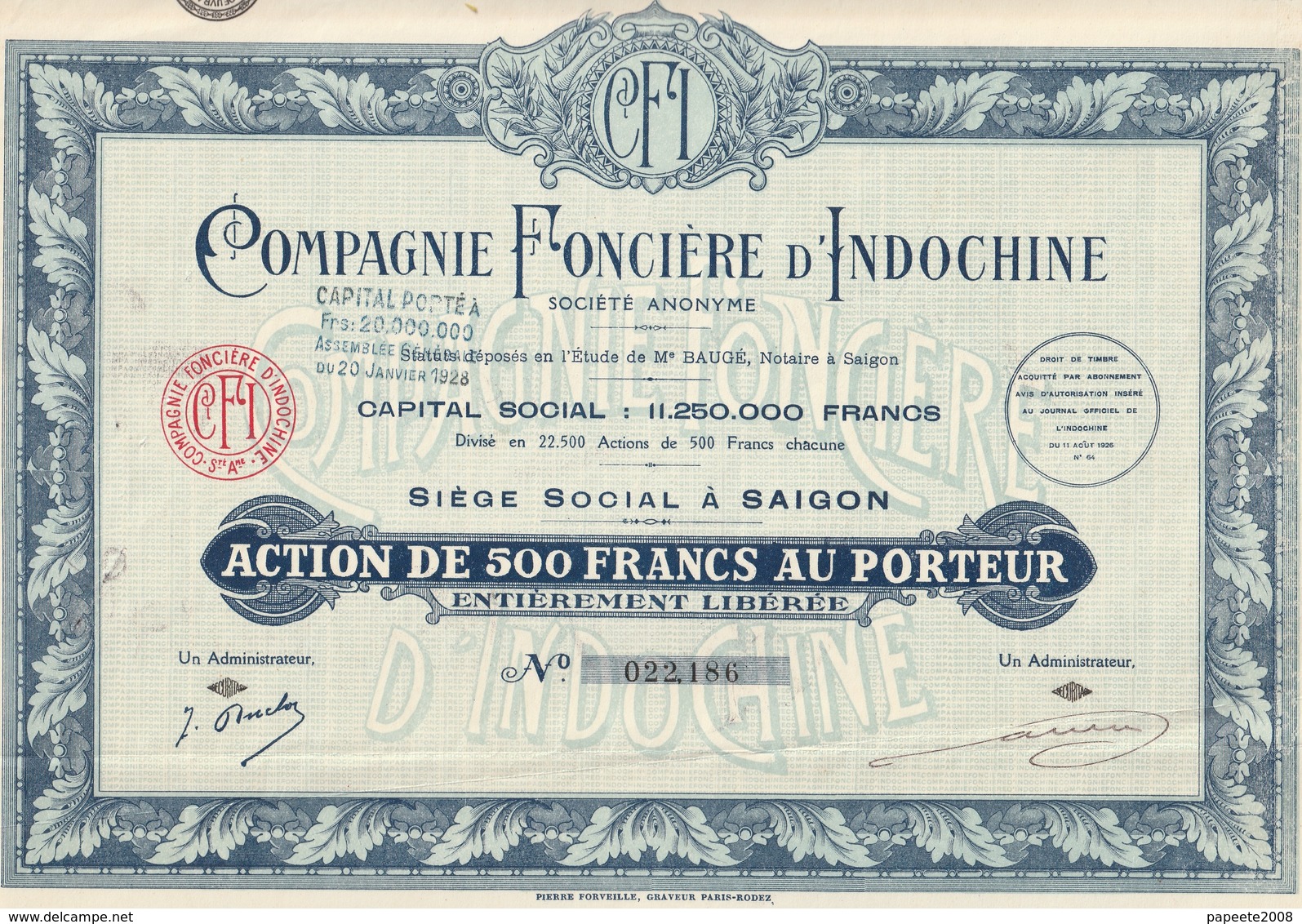Indochine - Compagnie Foncière D'Indochine - A De 500 Frs / 1926 - Asia