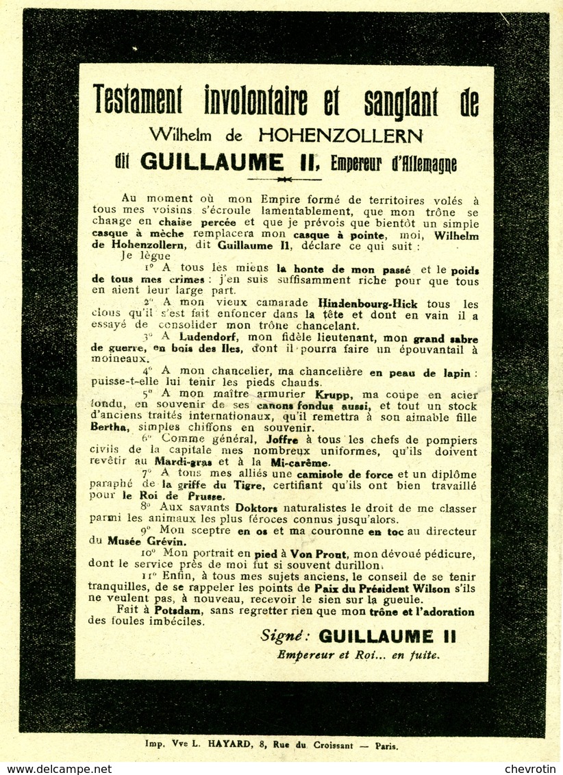 Guerre  Mondiale 1914 - 1918. Testament Involontaire Et Sanglant De Wilhelm De Hohenzollern Dit Guillaume II - 1914-18