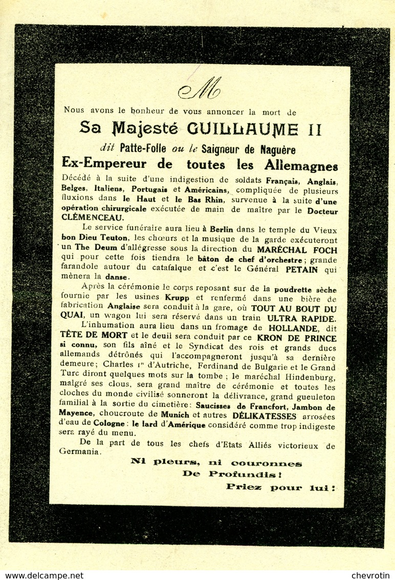 Guerre  Mondiale 1914 - 1918. Testament Involontaire Et Sanglant De Wilhelm De Hohenzollern Dit Guillaume II - 1914-18