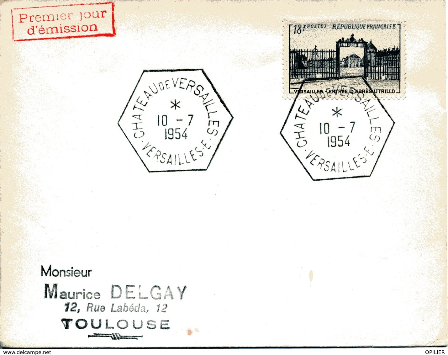 VERSAILLES 1954 CHATEAU DE VERSAILLES PREMIER JOUR DU TIMBRE FDC - Bolli Commemorativi