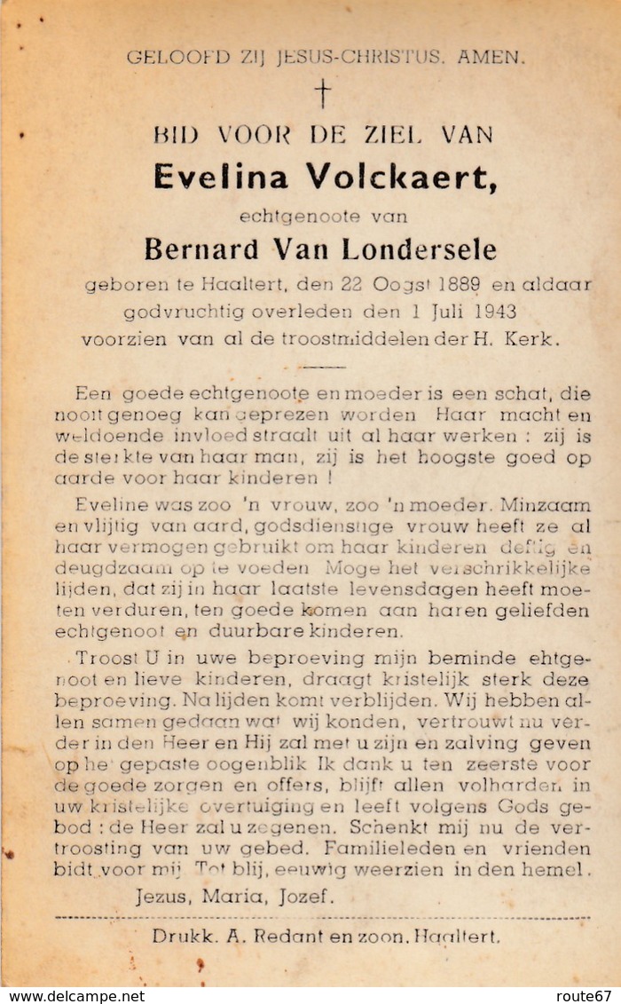 Volckaert Evelina - Van Londersele Bernard ° Haaltert 1889 + Aldaar 1943   Lot 71 - Devotion Images