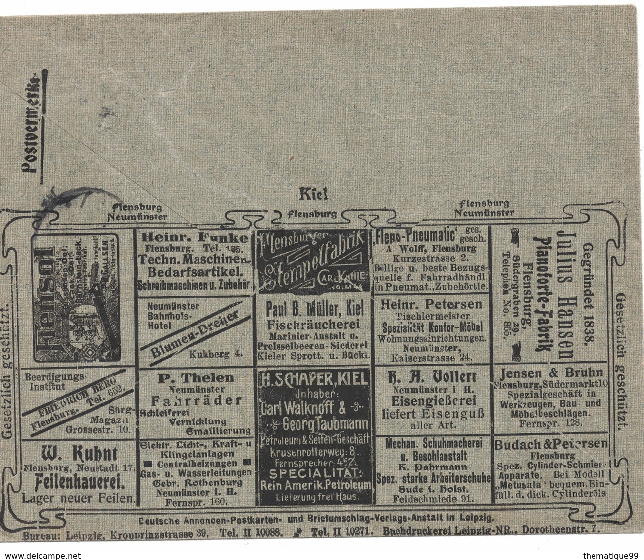 Enveloppe Publicitaire Allemande Vendue à Tarif Réduit (1905) Série De KIEL FLENSBURG : Pneumatique, Vélo, Huile, Cylind - Radsport