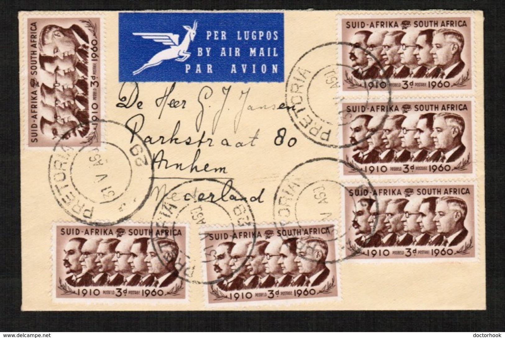 SOUTH AFRICA.   Scott # 235 (6) ON 1960 FIRST DAY COVER AIRMAIL To NETHERLANDS (31/18/1960) (OS-548) - FDC