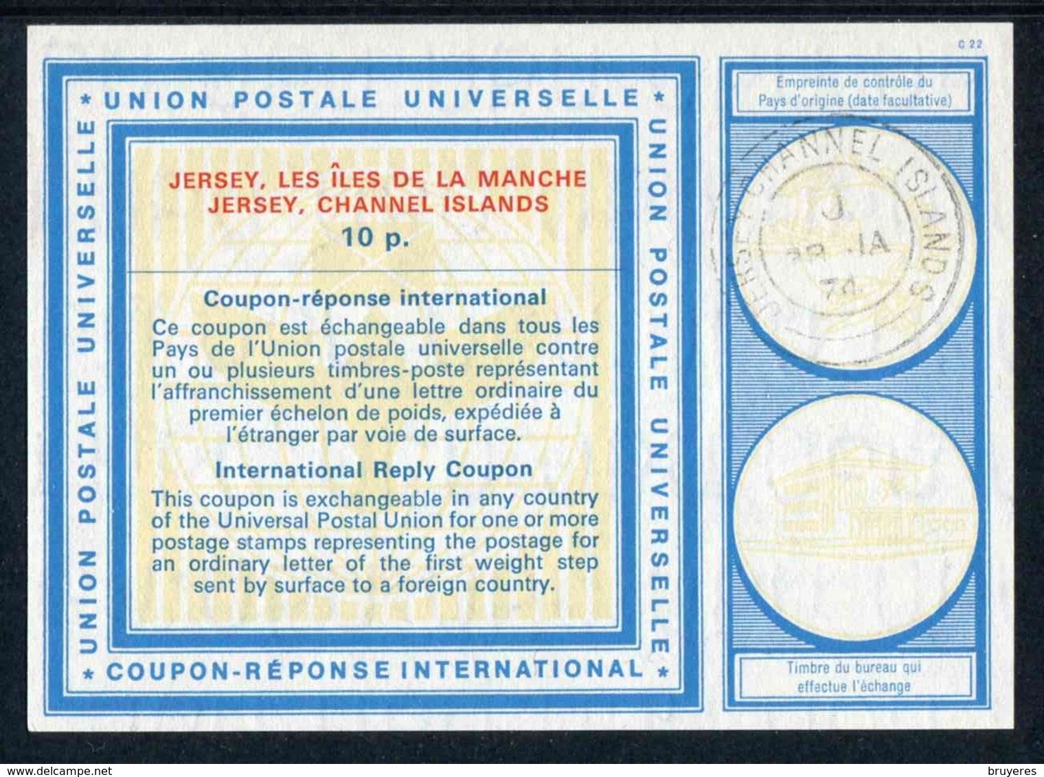 COUPON-REPONSE INTERNATIONAL "C 22" De JERSEY, LES ÎLES DE LA MANCHE De 1974 - Antwoordbons