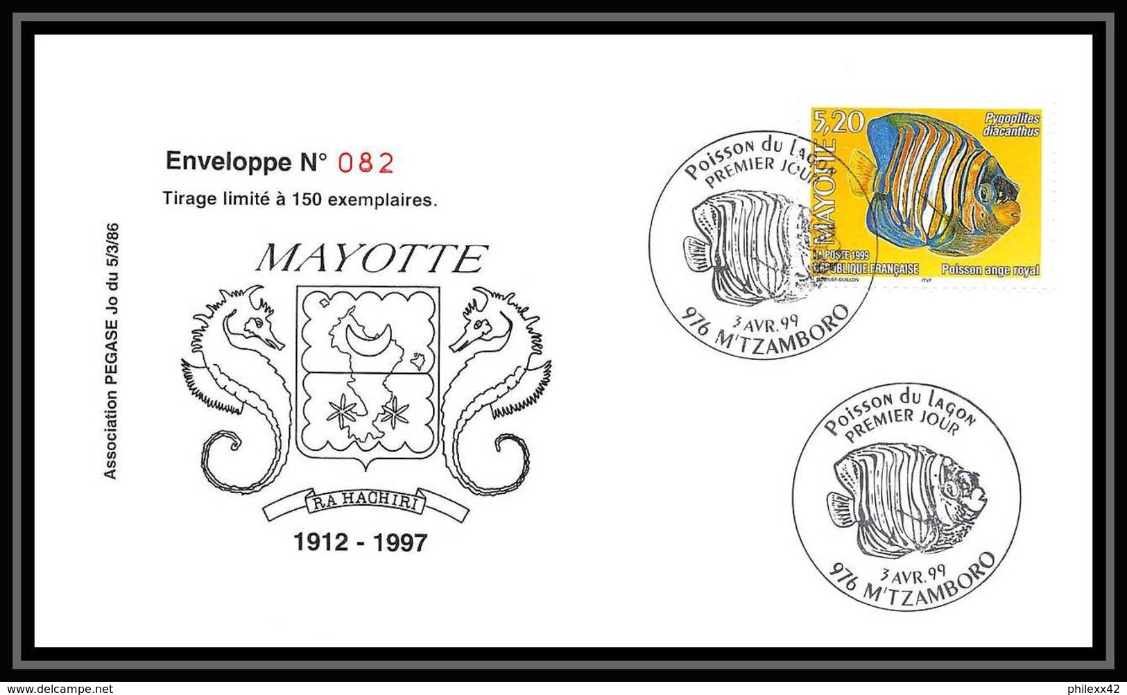 5219/ Pegase Tirage Numerote 56/300 Y&t 73 Poissons (Fish) Mayotte 1999 Fdc Premier Jour Lettre Cover - Lettres & Documents