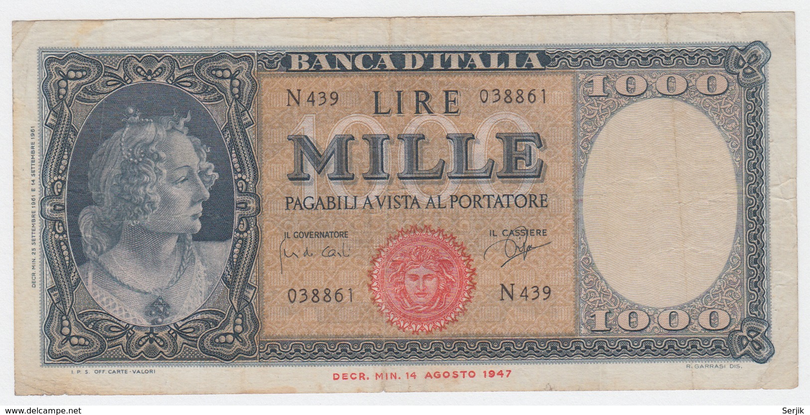 Italy 1000 Lire 1947 (1961) VG+ Pick 88d 88 D - 1000 Lire