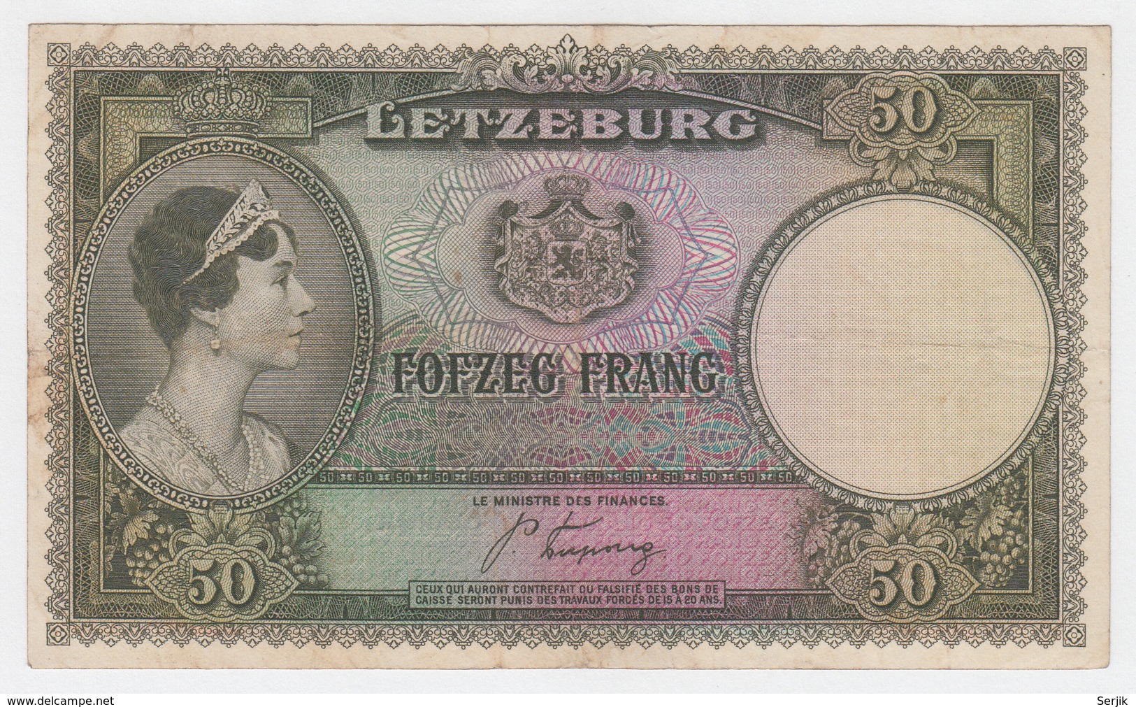 Luxembourg 50 Francs 1944 VF+ RARE Pick 45 - Lussemburgo