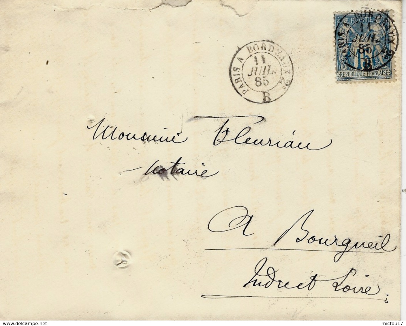 1885- Enveloppe Affr. 15 C Sage Oblit. Cad Ambulant PARIS A BORDEAUX 2° ( Grands 2 Et B  De Brigade ) - Poste Ferroviaire