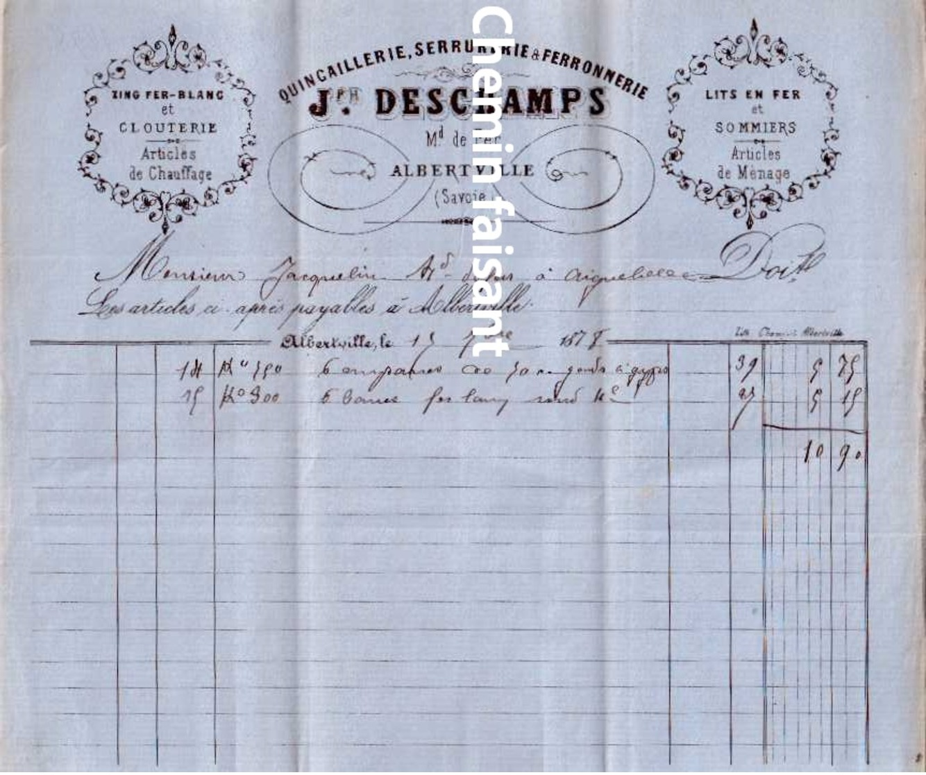 Document Du 15/07/1878 DESCHAMPS Quincaillerie - Albertville 73 - 1800 – 1899