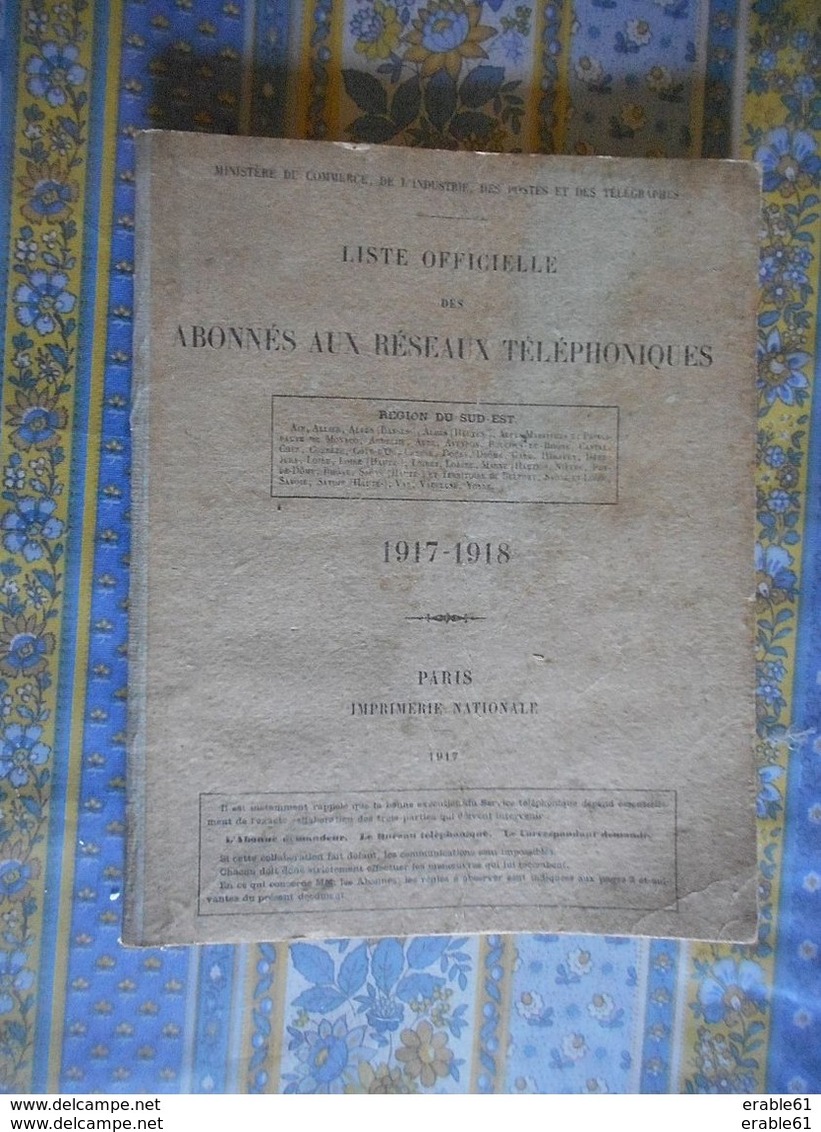 LISTE OFFICIELLE DES ABONNES AUX RESEAUX TELEPHONIQUES REGION SUD EST 1917 Imp NATIONALE ANNUAIRE TELEPHONE - Annuaires Téléphoniques